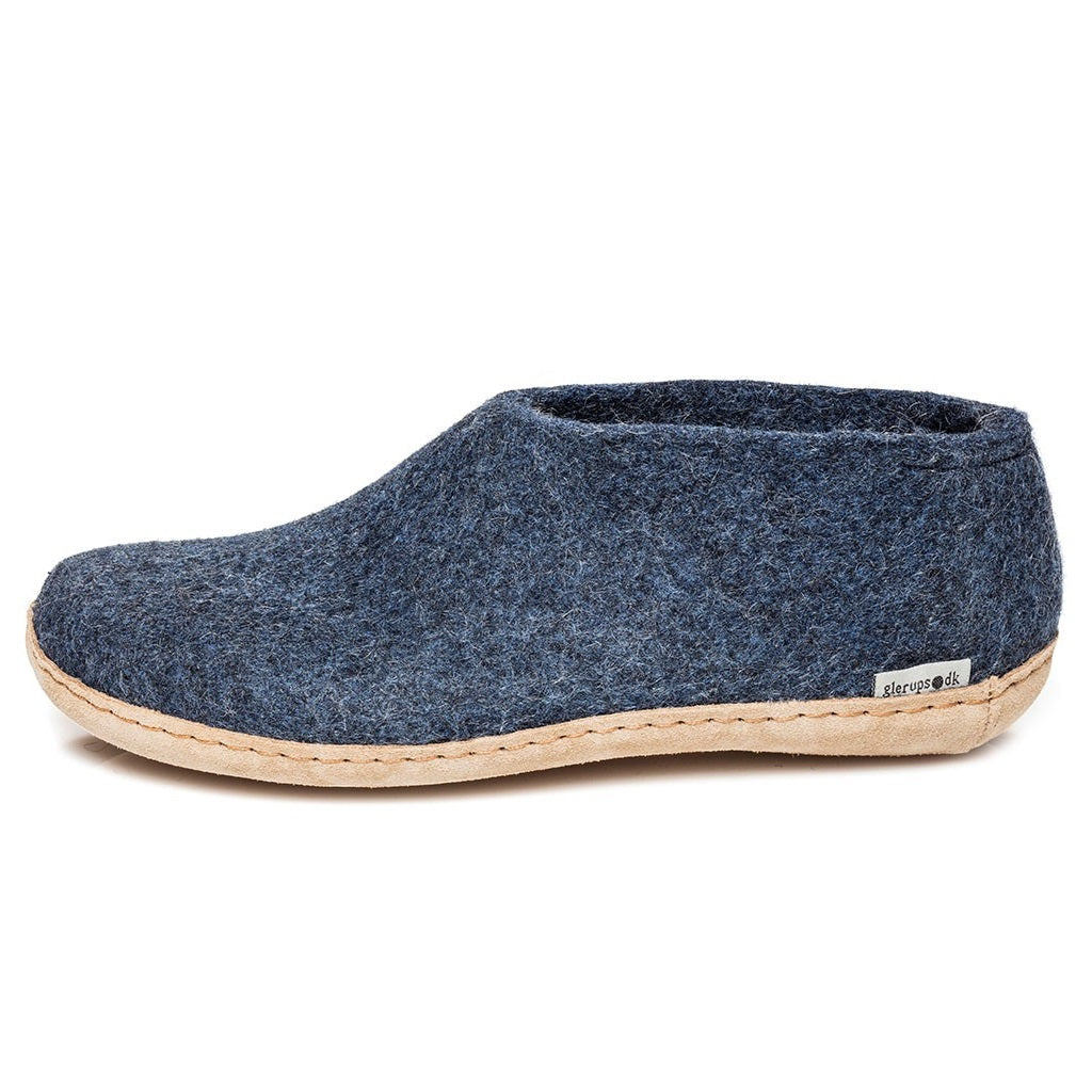 Glerups slipper shoe cut leather sole denim blue